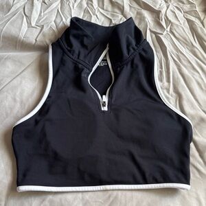 Black Sleeveless Zip-Front Crop Top with White Trim